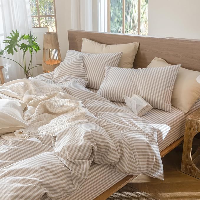 MooMee Bedding Pillowcases Striped Pack of 2 100% Washed Cotton Linen Like - Image 2