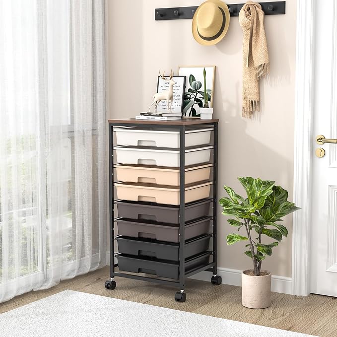 Rolling Storage Cart with Drawers, Rolling Drawer Cart and Wooden Tabletop - Image 7