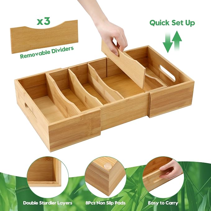 Expandable Food Container Lid Organizers Inside Cabinet, Bamboo Lids Organizer - Image 5