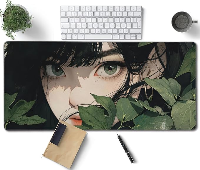 Girl in Foliage Large Mouse Pad, Anime Style Gaming Desk Mat, XXL Keyboard Desk by Unknown