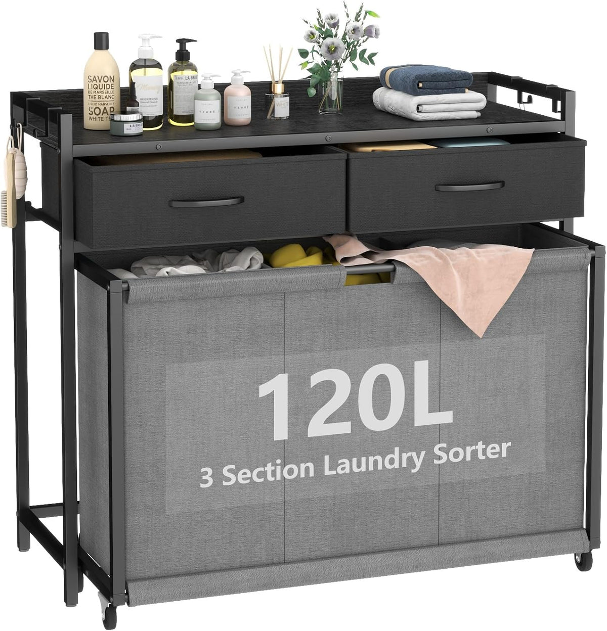 STIKELY Laundry Hamper Laundry Basket with 3 Section Pull-Out Rolling