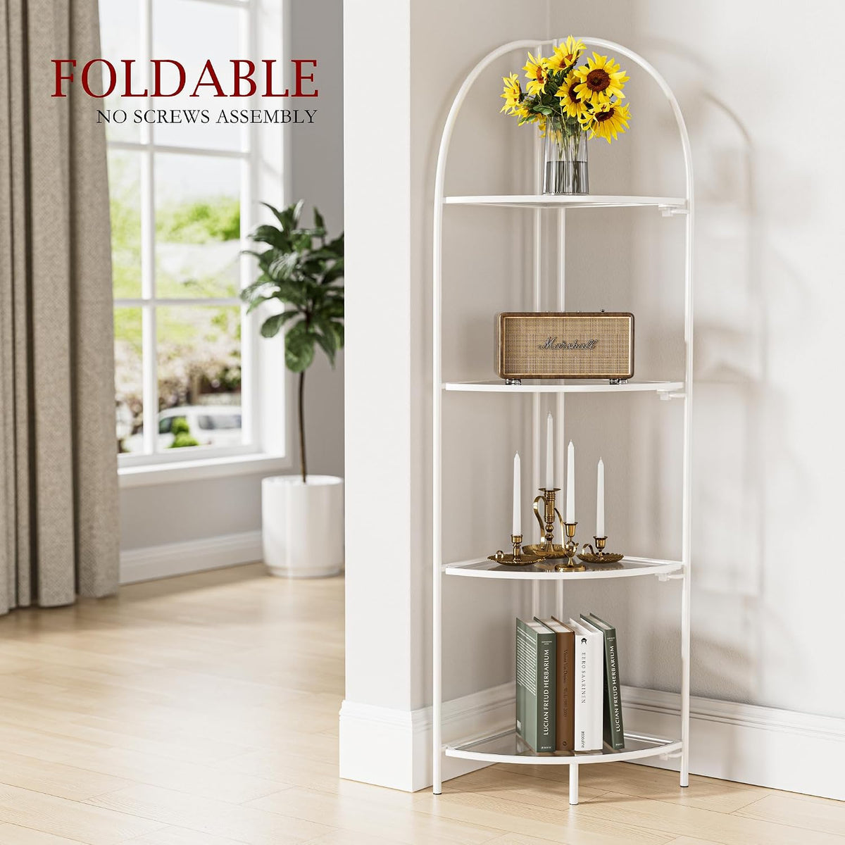 4-Tier Foldable Corner Shelf, Metal White Frame & Transparent Shelves