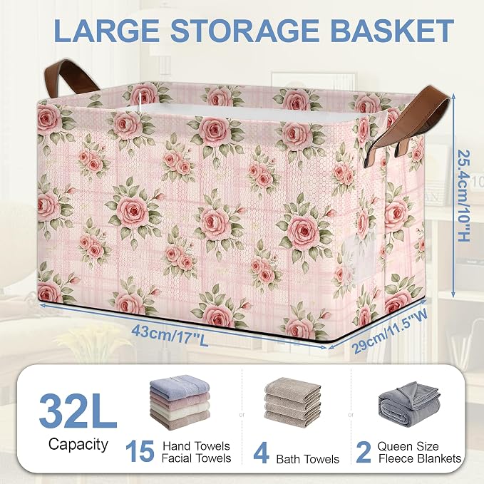 Vintage Pink Rose Storage Baskets, Foldable Large Capacity Organizer Bins - Image 2