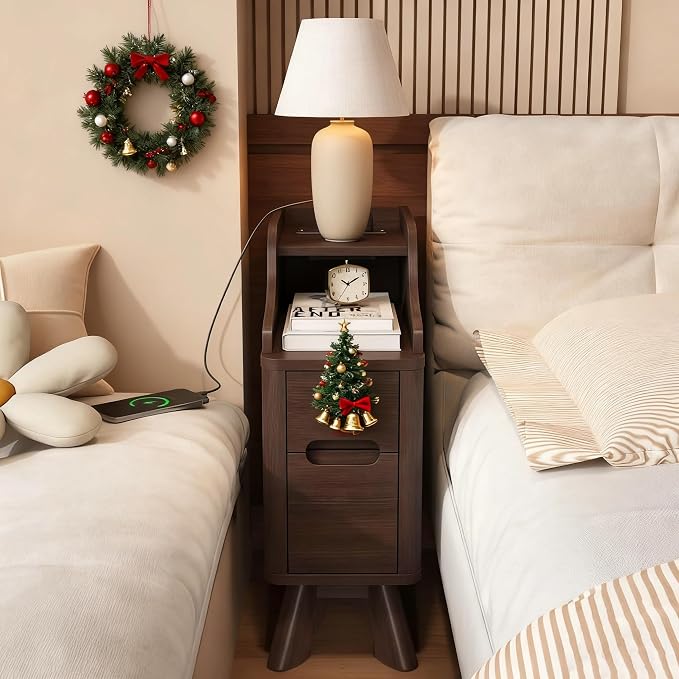 Narrow Nightstand with Drawers, Wood Night Stand with Charger Station, Narrow by SOLACEFURNITURE