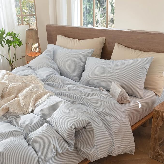 MooMee Bedding Pillowcases Striped Pack of 2 100% Washed Cotton Linen Like - Image 2