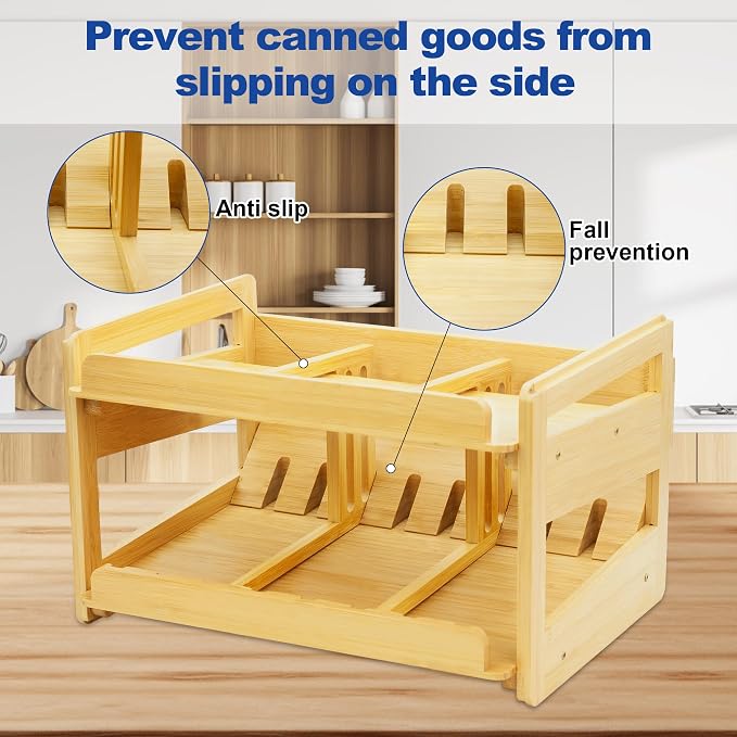 MinBoo Adjustable Can Organizer Rack, Two Tier Bamboo Stackable FIFO Cans - Image 5