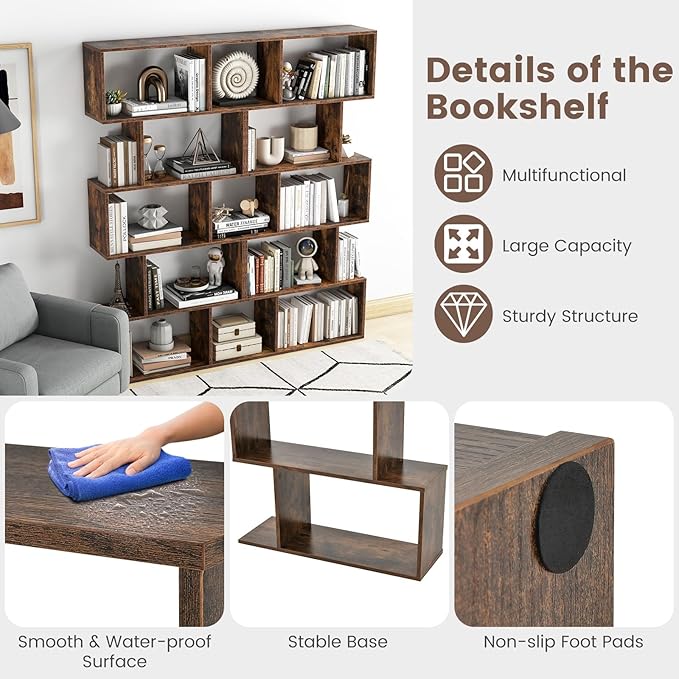 5-Tier Geometric Bookcase, 62.5” Freestanding Room Divider Bookshelf - Image 5