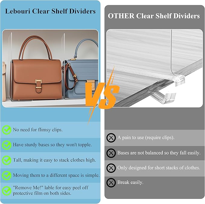 Shelf Dividers for Closet Organization: 12" Tall x 12" Deep Acrylic Shelf - Image 2