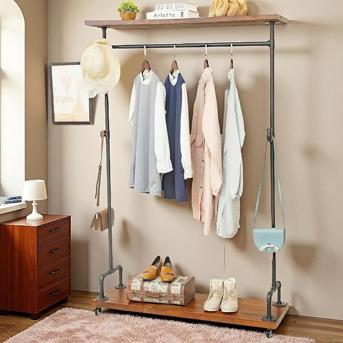 Industrial Pipe Clothing Racks, Rolling Garment Racks, Hall Tree on Lockable by DOFURNILIM