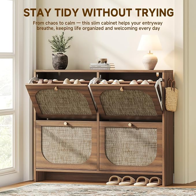 Nicetree Freestanding Ultra Slim Arched Rattan Accent Shoe Storage Cabinet - Image 7