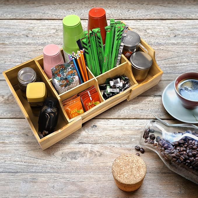 Coffee Station Organizer for Countertop, Bamboo Coffee Bar Condiment Organizer - Image 6