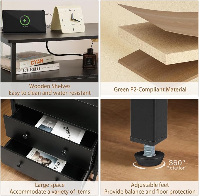 27 inch Wide Night Stand with Charging Station, Bedside Table with Open Shelf - Image 6