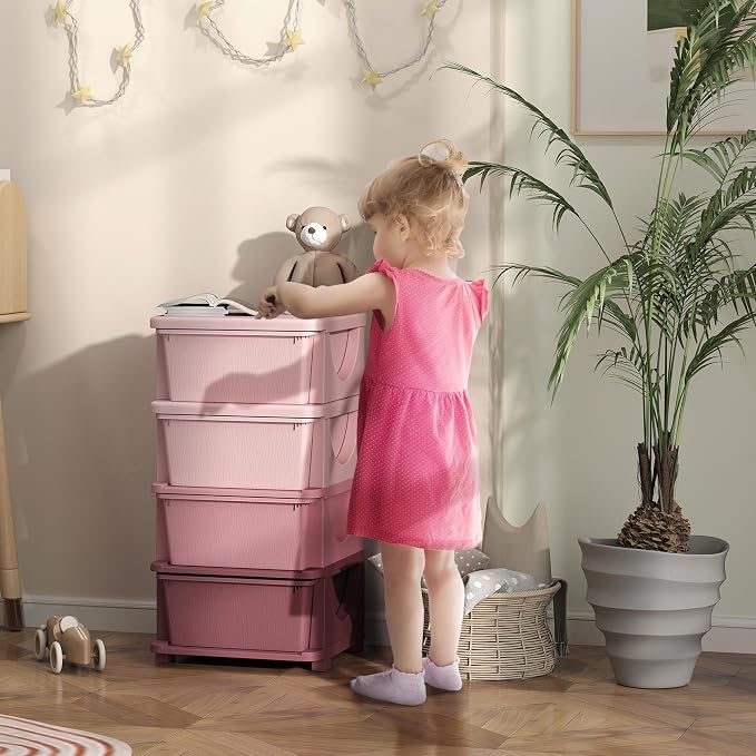 Qaba 4 Tier Kids Storage Unit, 4 Drawer Chest Toy Organizer Plastic Bins - Image 2