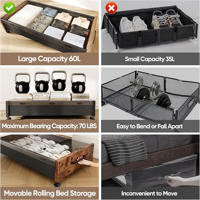 Under Bed Storage with Wheels, Rolling Underbed Storage Drawers, Wooden Under - Image 4