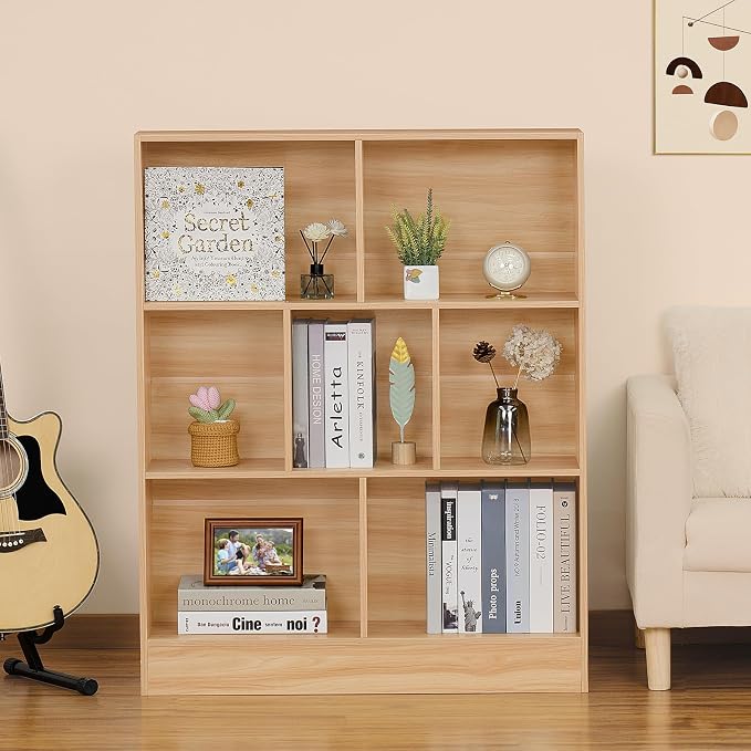 LEYAOYAO 7 Cube Bookshelf with Base, 3 Tier Mid-Century Modern Natural Bookcase - Image 4