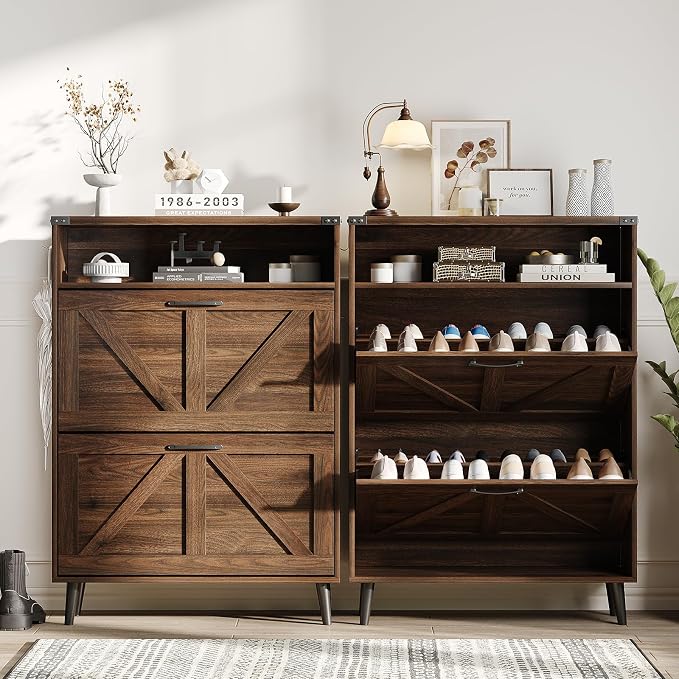 Shoe Cabinet with 2 Flip Drawers & Open Storage, Farmhouse Shoe Storage Cabinet - Image 5
