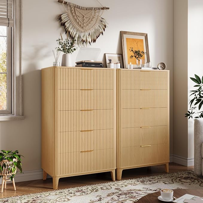 Fluted 5 Drawers Dresser for Bedroom, Farmhouse Wooden Vertical Dresser - Image 8