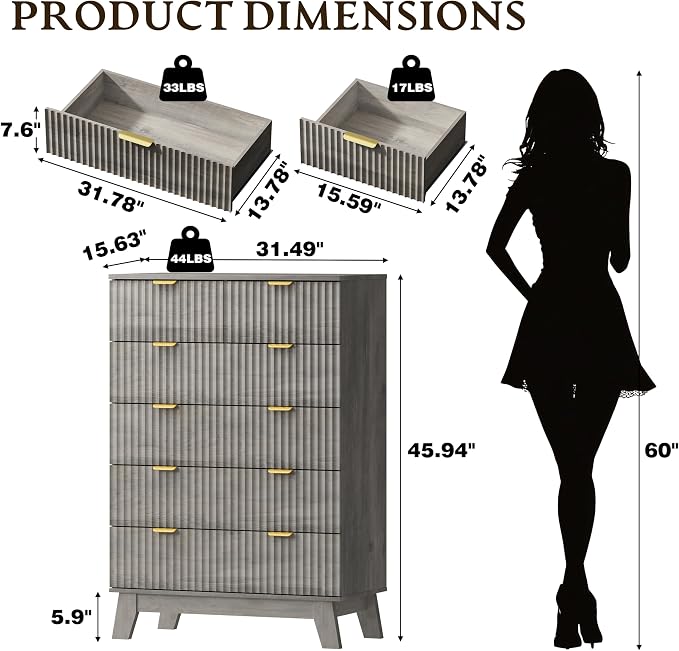 46" Tall Dresser for Bedroom, 6-Drawer Fluted Chest of Drawers, Modern Wood - Image 2