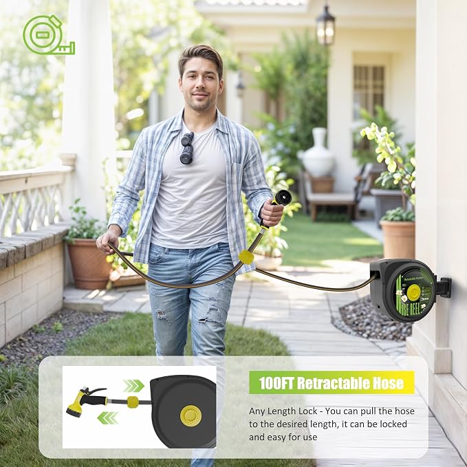 Aokia Retractable Garden Hose Reel, 1/2 in x 100 ft Wall Mounted Heavy Duty - Image 3