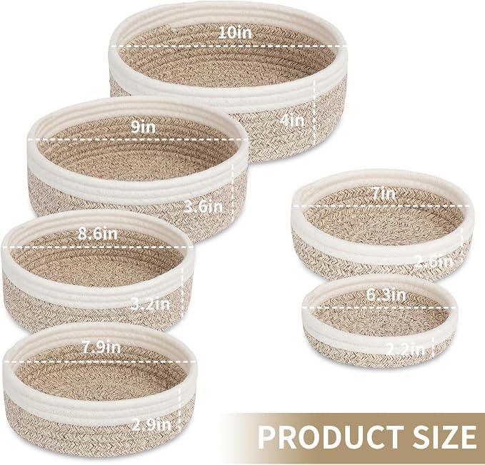 Small Shelf Storage Baskets for Organizing, 6 Pack Round Cotton Rope Bins - Image 2