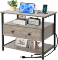 27 Inch Wide Night Stand with Charging Station, Wood Nightstand with Open Shelf by Edbuosy