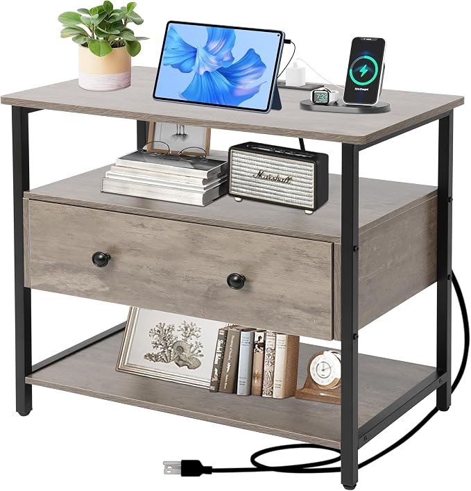 27 Inch Wide Night Stand with Charging Station, Wood Nightstand with Open Shelf by Edbuosy