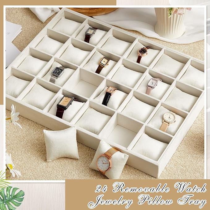 Henoyso 2 Pieces 24 Grid Velvet Watch Tray Jewelry Organizer Stackable Watch - Image 4
