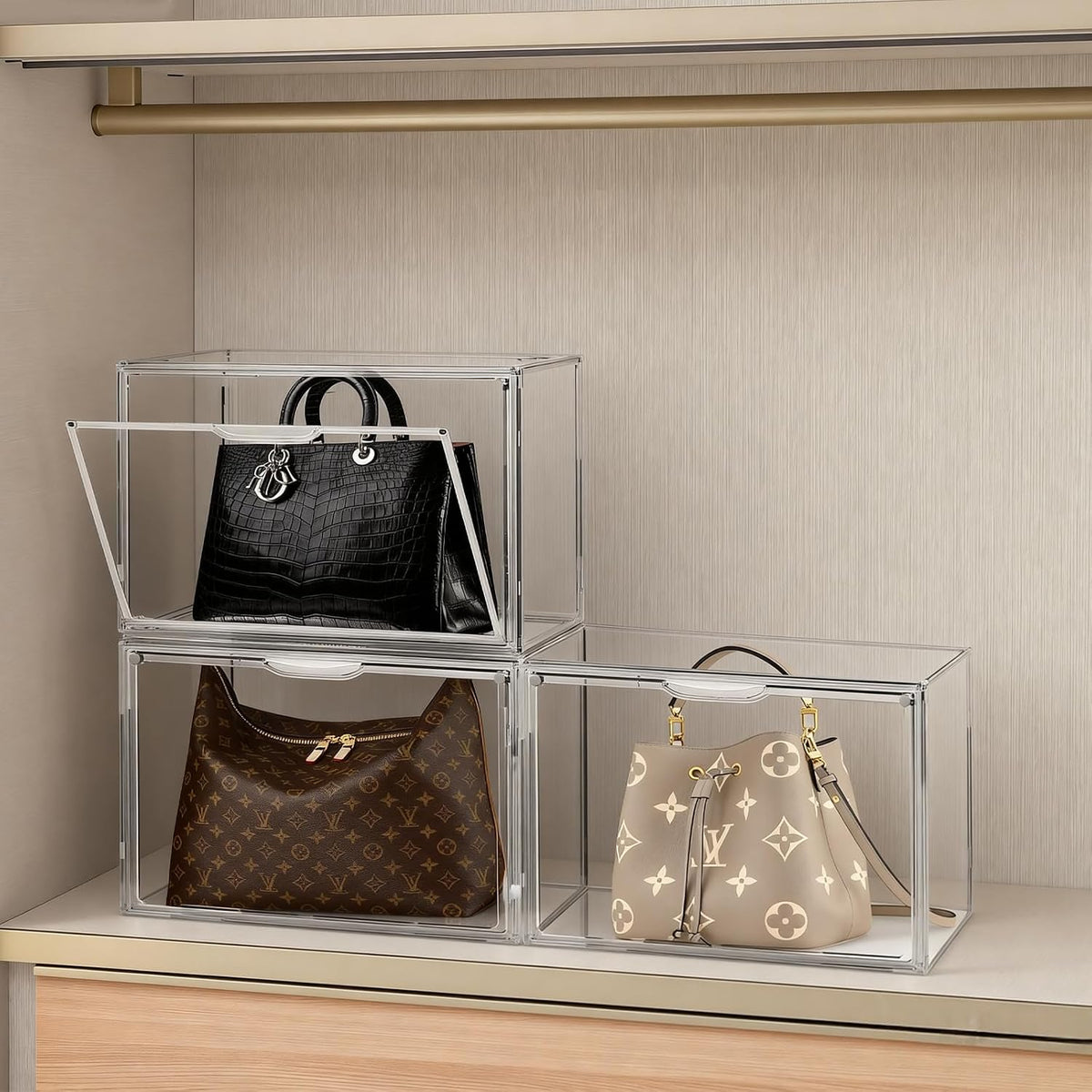 3 Pack Acrylic Purse Storage Organizer for Closet, Stackable