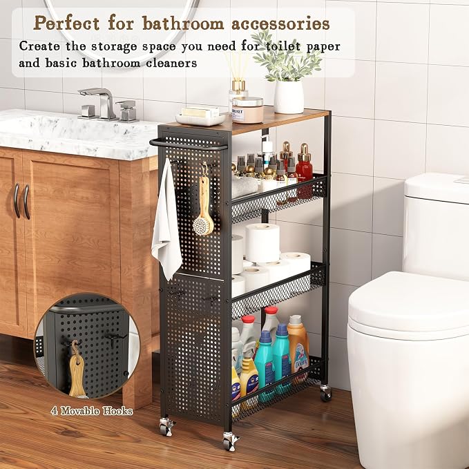 Utility Slim Storage Cart 4 Tier Small Rolling Kitchen Laundry Room - Image 2