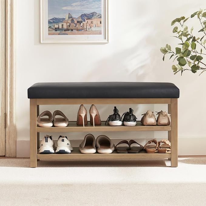 Shoe Rack Bench with Leather Cushion, 2 Tier Solid Wood Storage Bench, by Zihanhome