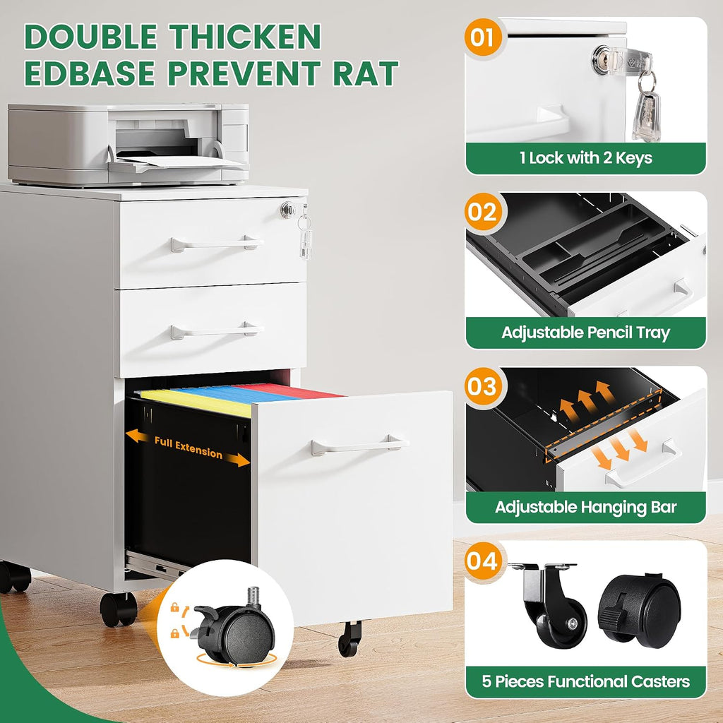 3 Drawer Slim File Cabinet, Mobile File Cabinet with Lock for Home