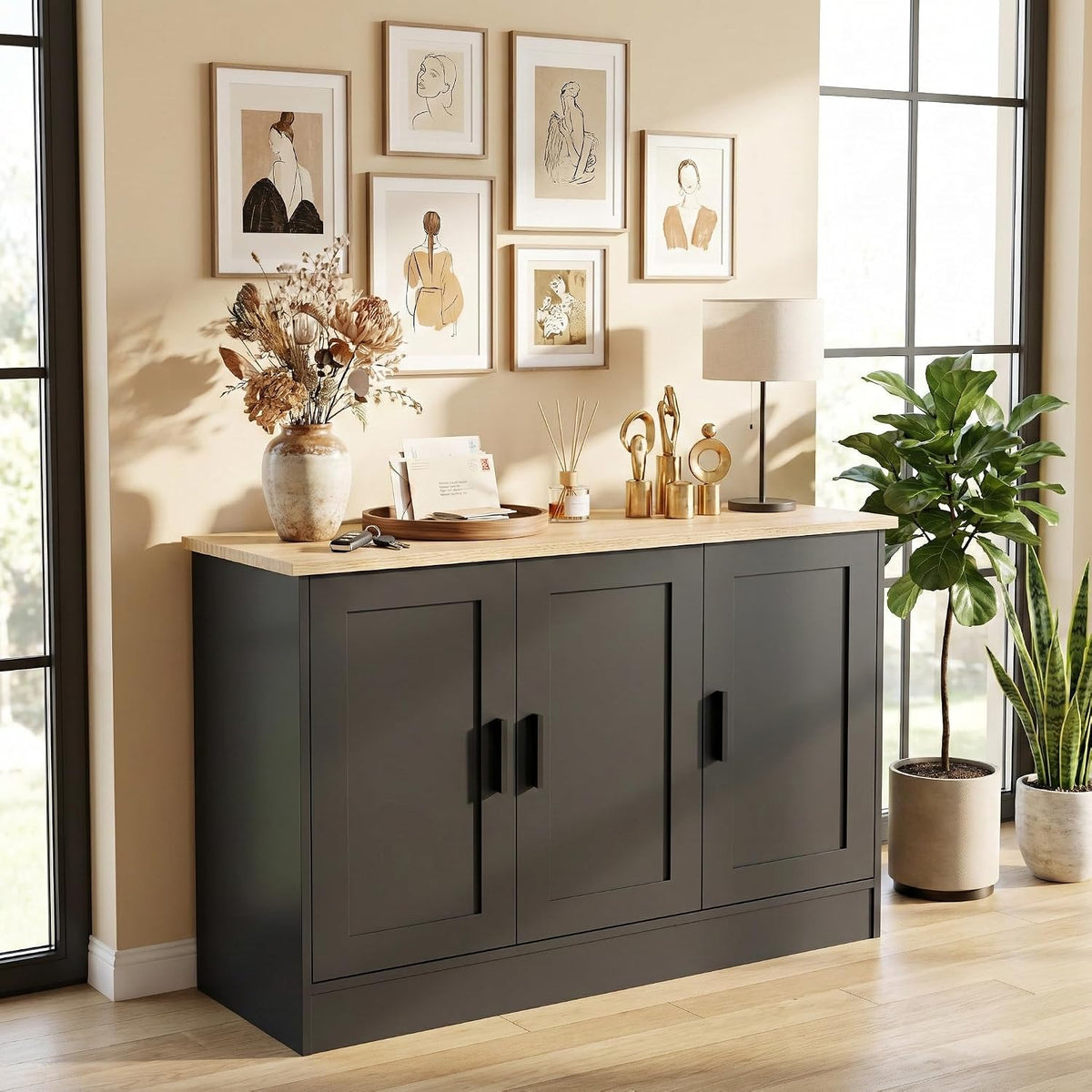 Anystyle 43" Black Buffet Cabinet with Black Handles, Small Kitchen