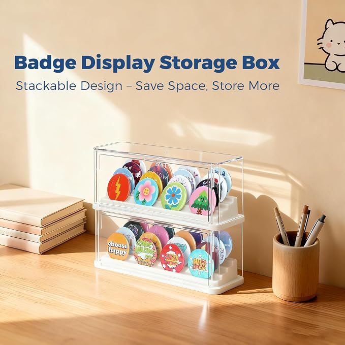 2 Pack Button Pin Display Case – 4-Tier Clear Badge Storage Box, Stackable - Image 2