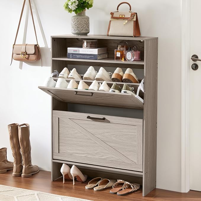 Shoe Storage Cabinet with 2 Flip Drawers, Farmhouse Narrow Shoe Organizer with - Image 9
