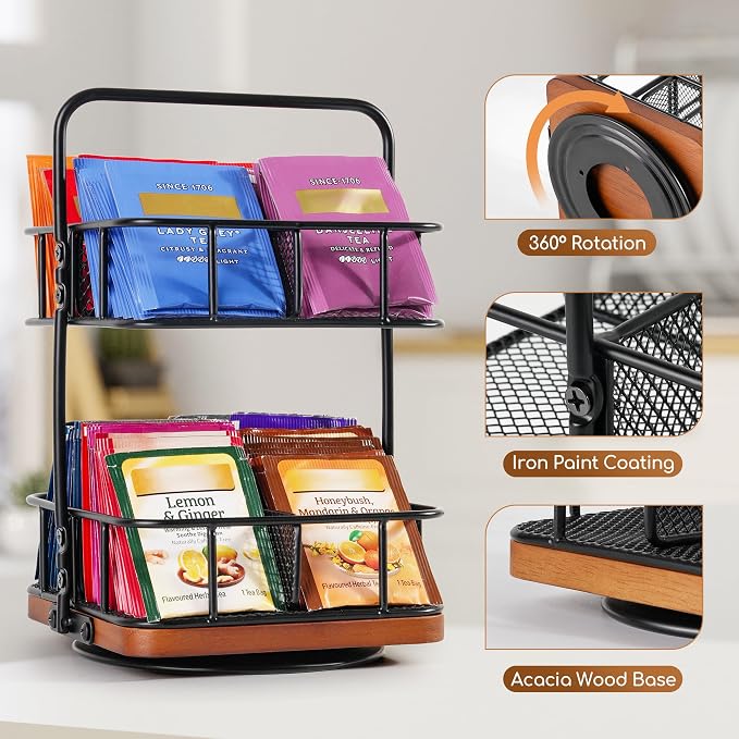 Rotation 2 Tier Tea Bag Organizer, Iron Art Tea Organizers, Acacia Wood Stand - Image 2