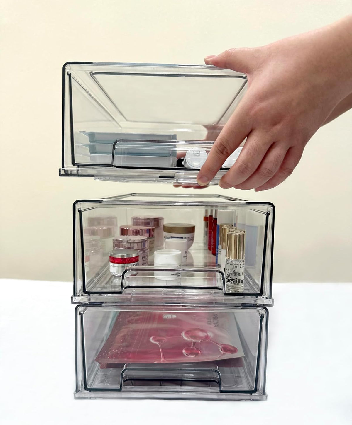 Stackable storage drawers, clear pull-out organizer with handles and