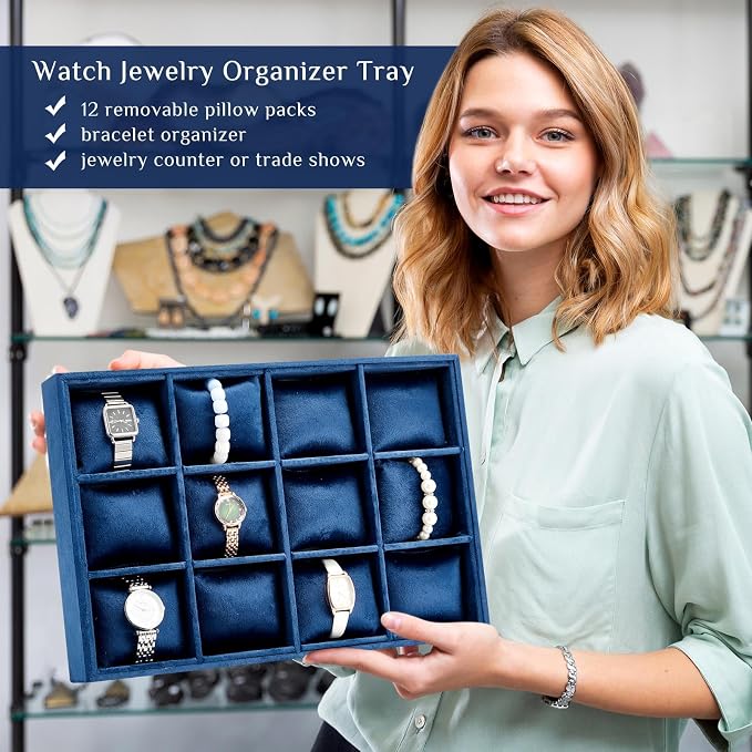 Henoyso 2 Pieces 12 Grid Velvet Watch Tray Jewelry Organizer Stackable Watch - Image 4