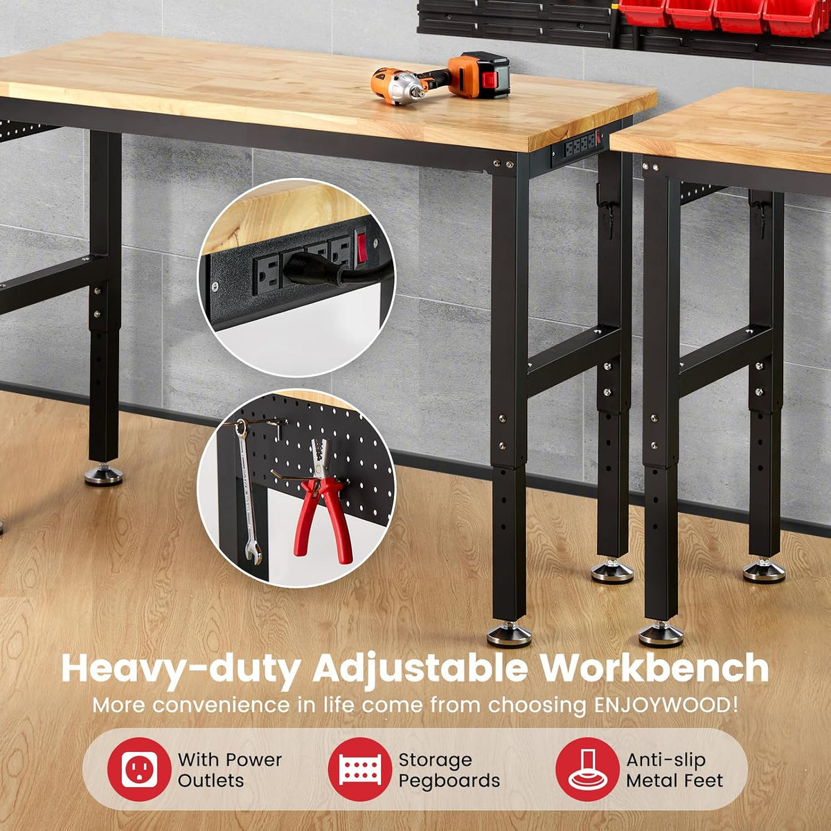 48" Heavy Duty Workbench for Garage, Adjustable Height Work Table with
