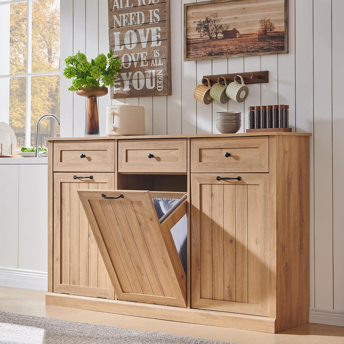 IFBUY Triple Tilt Out Laundry Hamper Cabinet, Trash Cabinet, Natural