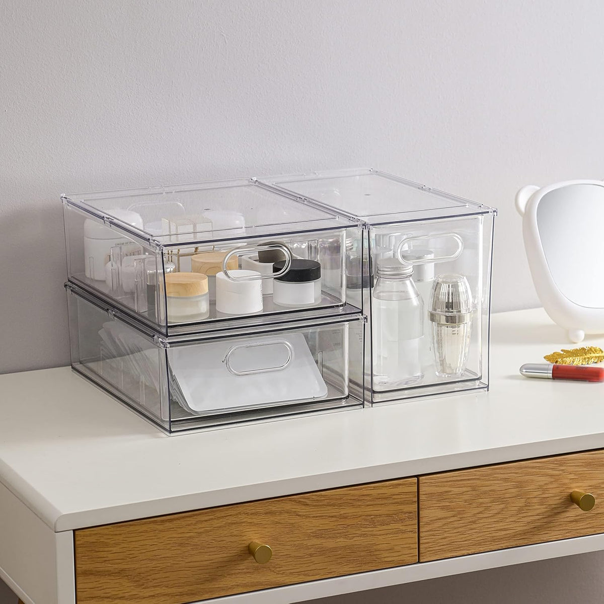 Mano 3PackFridge Drawer Pull Out Stackable Bins with Handle Clear