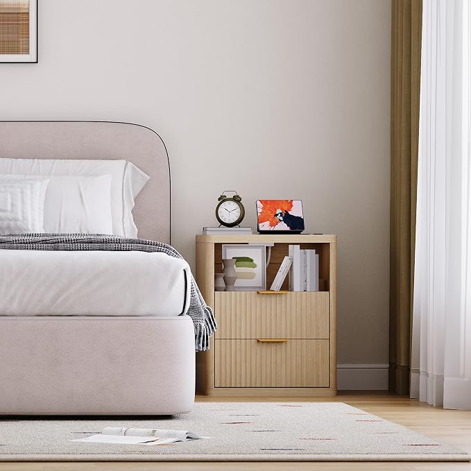 Fluted Nightstand with Charging Station, Bedside Table with 2 Drawers and Open - Image 8