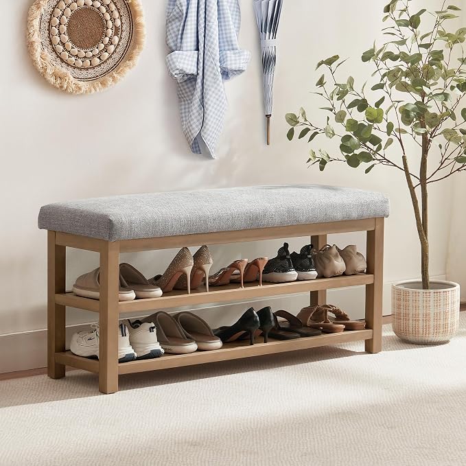 Shoe Rack Bench with Cushion, 2 Tier Solid Wood Storage Bench, Mid-Century - Image 3