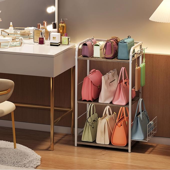 White Purse Organizer, 3-Tier Floor Standing Bag Rack Stand Featuring Side - Image 8