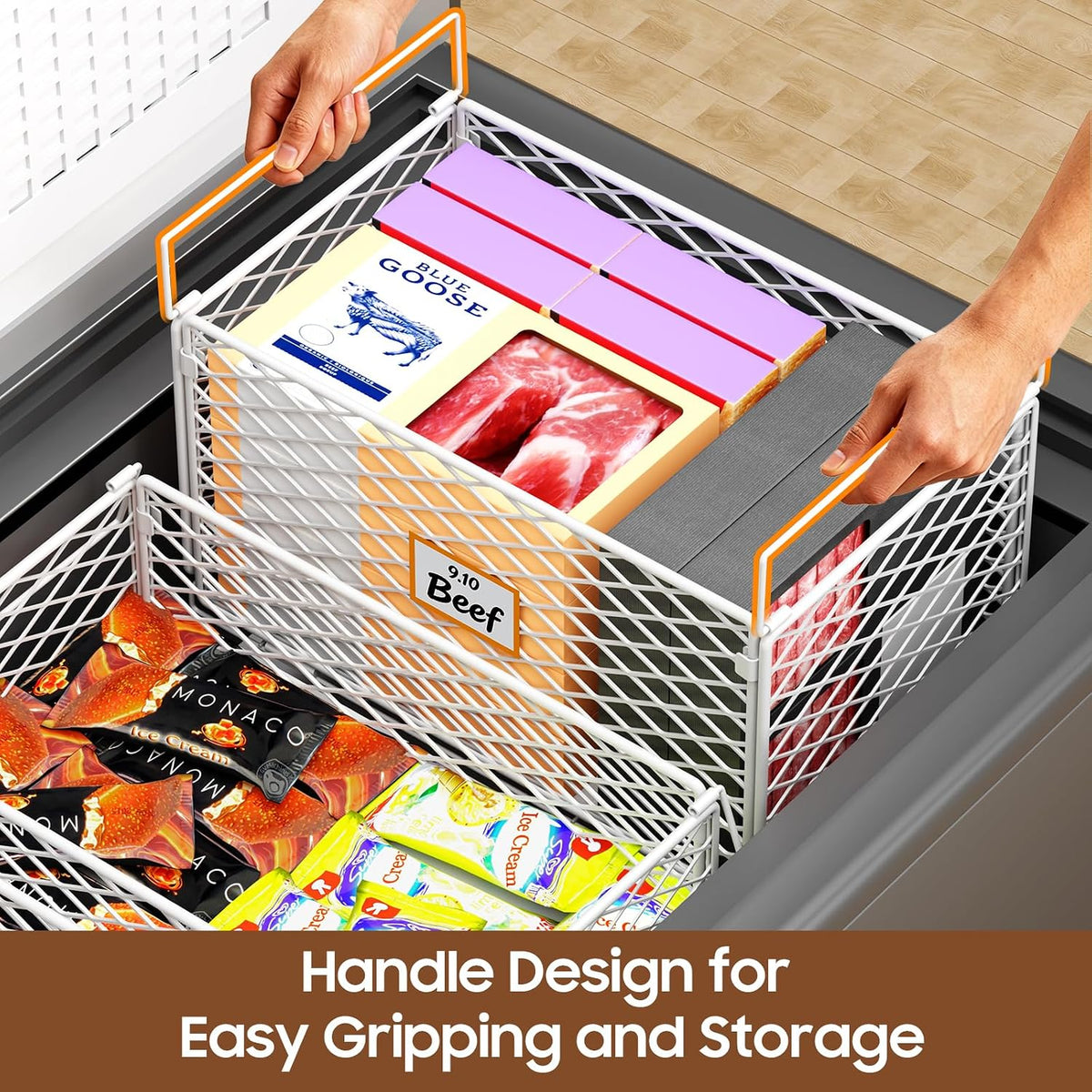 Large Freezer Organizer Bins for 5 to 9 Cu.Ft,Side-Net Leak-Proof