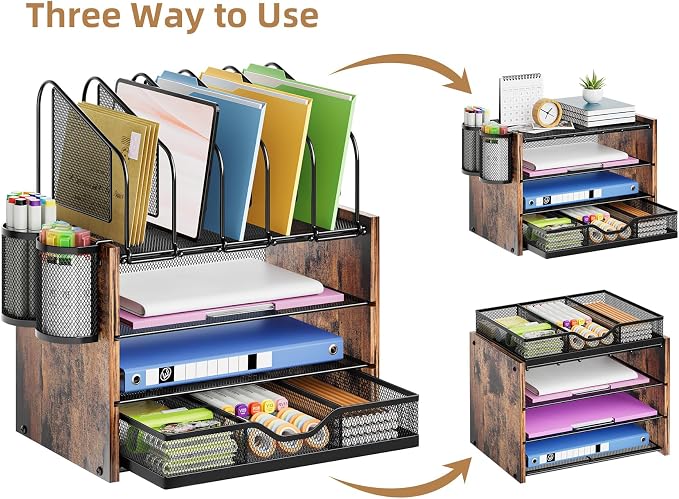 Marbrasse Desk organizer with Drawer, 4-Tier Wooden File Organizer with 5 - Image 4