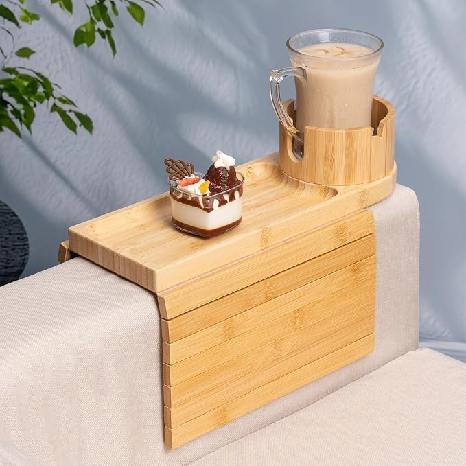 Couch Cup Holder Tray for Thin Armrest Wider Than 4.9'', Bamboo Couch Arm Tray by Tomlyop