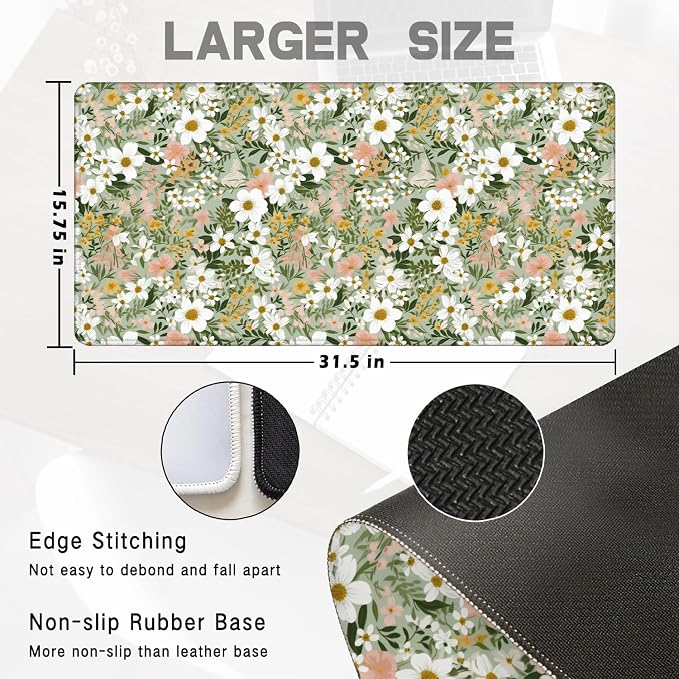 Rustic Wildflower Floral Large Mouse Pad 31.5x15.7inch, Cottagecore Botanical - Image 2