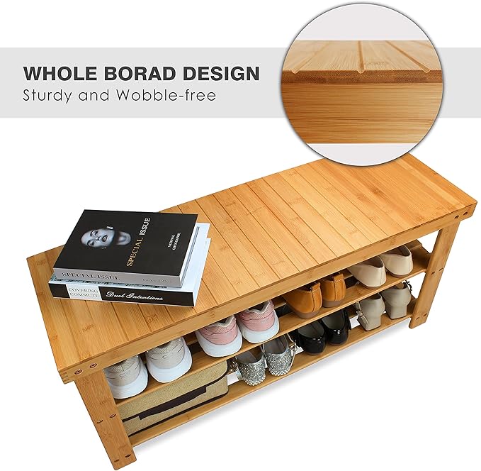 SMIBUY Bamboo Shoe Rack Bench, 3-Tier Shoe Organizer Storage Shelf - Image 7