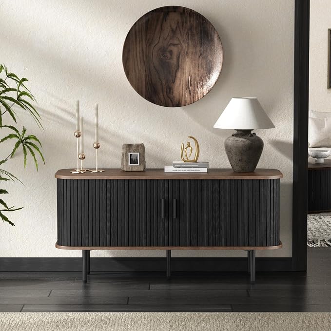 55''W Black Cabinet with Storage, Media Console, Tambour TV Stand, Television - Image 7