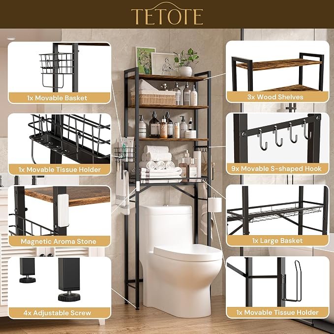 TETOTE Over Toilet Bathroom Organizer, 4-Tier Bathroom Over The Toilet Storage - Image 4